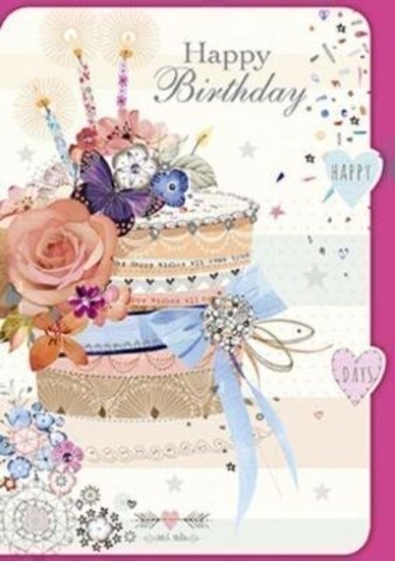 Happy Birthday Card Cake by Florentine Vintage for Paper Rose. Part of the Florintine Vintage range for paper roses this beautiful card has sequin detail. Picture of a birthday cake with 'Happy Birthday' on the front and 'Wishing you a really special bi